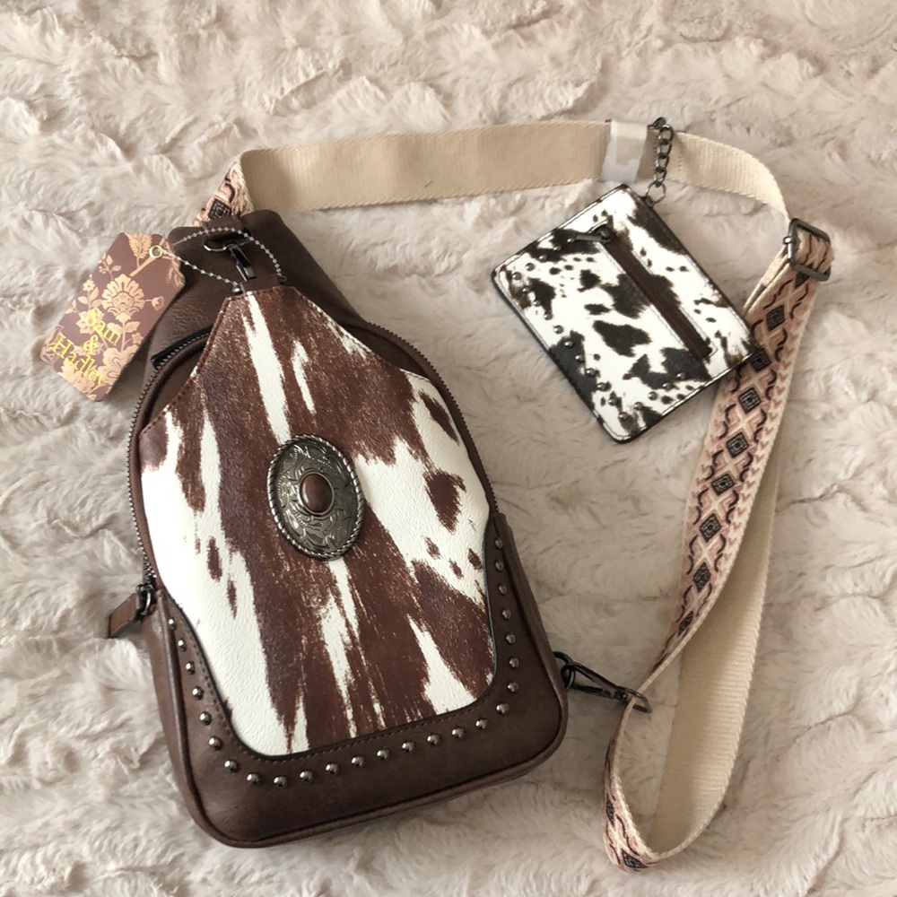Brown & White Faux Cowhide Crossbody Sling Bag with Western Concho